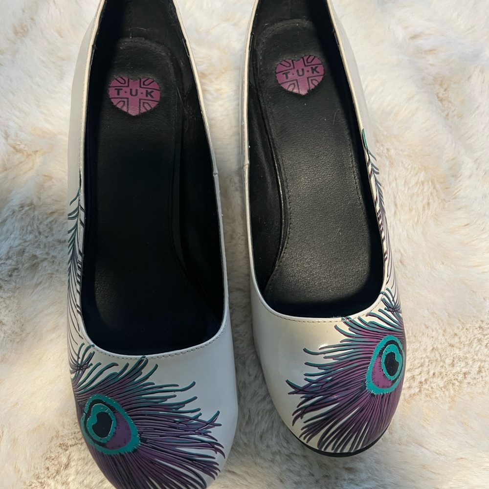 T.U.K tab Ballet with kitten heel with Teal and Purple Peacock Feather Print